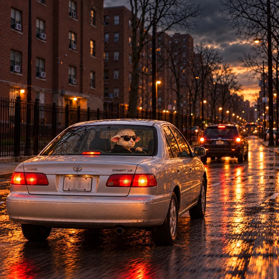 Lamb beside a yellow Lamborghini at sunset